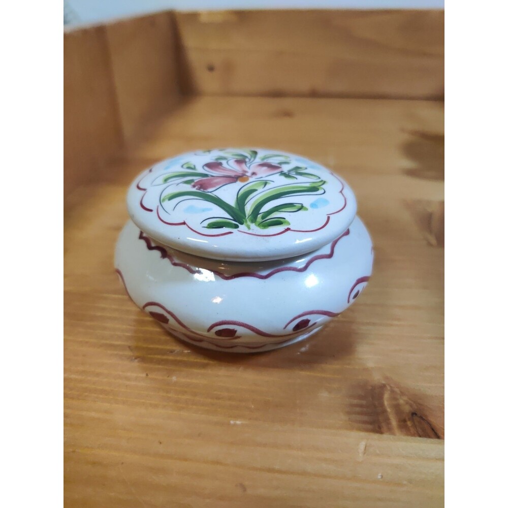Vtg Trinket Porcelain Jewelry Box Made in Portugal Hand Painted Signed Floral 3"